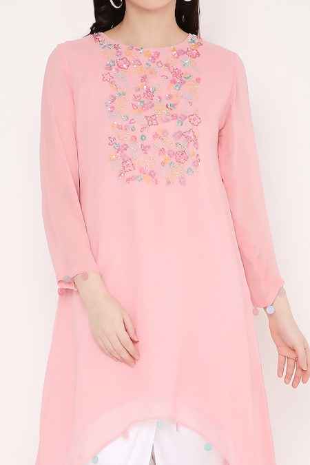 Bha Sha Pink Georgette, Silk Satin Sequins, Payal Embroidered Tunic And Dhoti Pant Set Online at Aza Fashions Bha Sha_Pink Georgette, Silk Satin Sequins, Payal Embroidered Tunic And Dhoti Pant Set _Online_at_Aza_Fashions