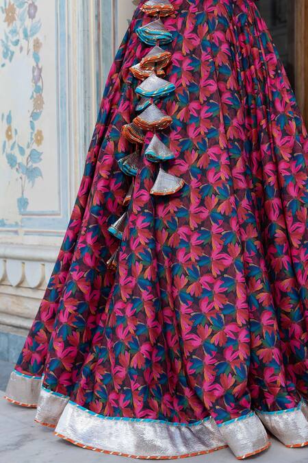 Buy_Pomcha Jaipur_Multi Color Muslin, Chiffon Tassels Sweetheart Neck Floral Print Lehenga Set _Online_at_Aza_Fashions