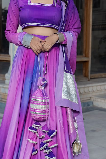 Pomcha Jaipur_Purple Muslin Gota Patti Square Neck Ombre Blouse Lehenga Set _Online_at_Aza_Fashions