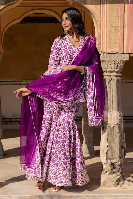 Pomcha Jaipur Purple Cotton, Organza Gota Patti, Aafreen Block Print Kurta Sharara Set Online at Aza Fashions Pomcha Jaipur_Purple Cotton, Organza Gota Patti, Aafreen Block Print Kurta Sharara Set _Online_at_Aza_Fashions