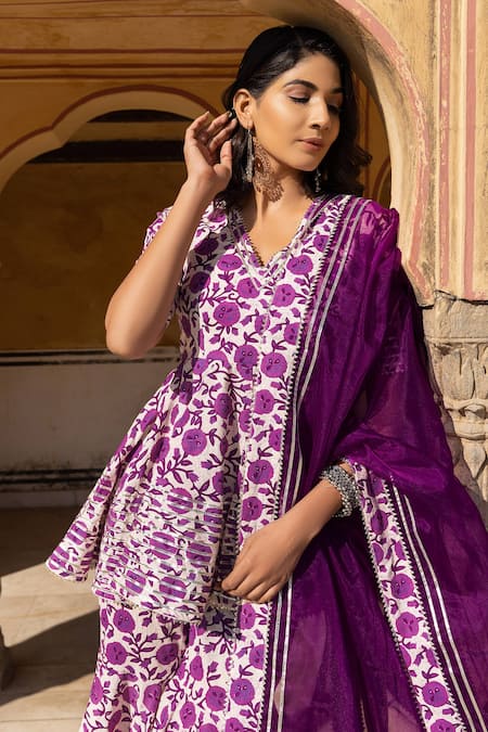 Buy Pomcha Jaipur Purple Cotton, Organza Gota Patti, Aafreen Block Print Kurta Sharara Set Online at Aza Fashions Buy_Pomcha Jaipur_Purple Cotton, Organza Gota Patti, Aafreen Block Print Kurta Sharara Set _Online_at_Aza_Fashions