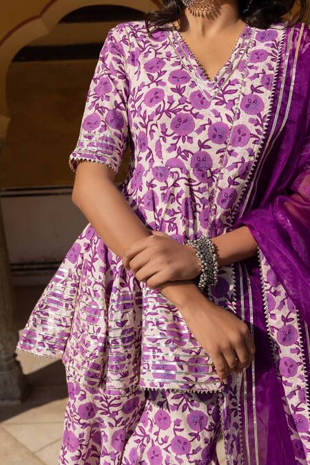Shop Pomcha Jaipur Purple Cotton, Organza Gota Patti, Aafreen Block Print Kurta Sharara Set Online at Aza Fashions Shop_Pomcha Jaipur_Purple Cotton, Organza Gota Patti, Aafreen Block Print Kurta Sharara Set _Online_at_Aza_Fashions