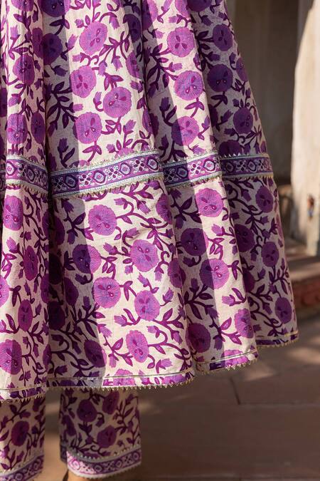 Shop_Pomcha Jaipur_Purple Cotton, Organza Gota Patti, Embroidery Monsoon Lilly Printed Anarkali Set _Online_at_Aza_Fashions