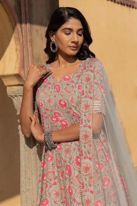 Pomcha Jaipur_Grey Cotton, Net Gota Patti, Embroidery Round Neck Aliza Printed Anarkali Set _Online_at_Aza_Fashions