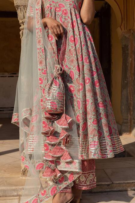 Shop_Pomcha Jaipur_Grey Cotton, Net Gota Patti, Embroidery Round Neck Aliza Printed Anarkali Set _Online_at_Aza_Fashions