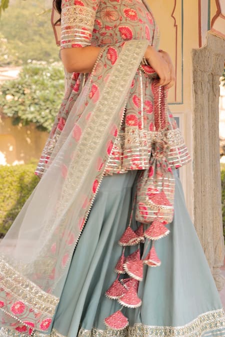Pomcha Jaipur_Blue Cotton, Net Embroidery, Gota Patti Scoop Fareen Short Anarkali Sharara Set _Online_at_Aza_Fashions