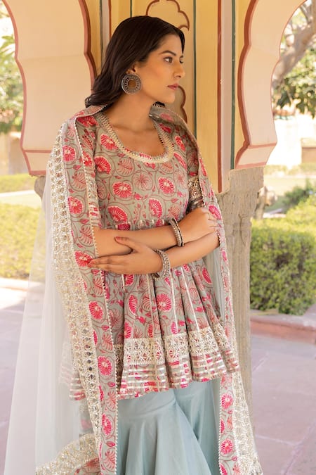 Buy_Pomcha Jaipur_Blue Cotton, Net Embroidery, Gota Patti Scoop Fareen Short Anarkali Sharara Set _Online_at_Aza_Fashions