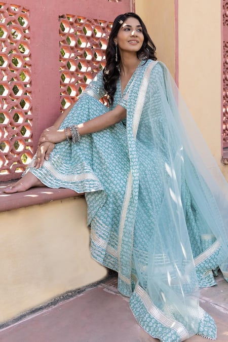 Pomcha Jaipur_Blue Cotton, Net Gota Patti, Embroidery V-neck Mahnoor Printed Anarkali Set _Online_at_Aza_Fashions