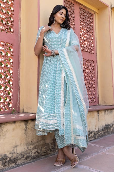 Buy_Pomcha Jaipur_Blue Cotton, Net Gota Patti, Embroidery V-neck Mahnoor Printed Anarkali Set _Online_at_Aza_Fashions