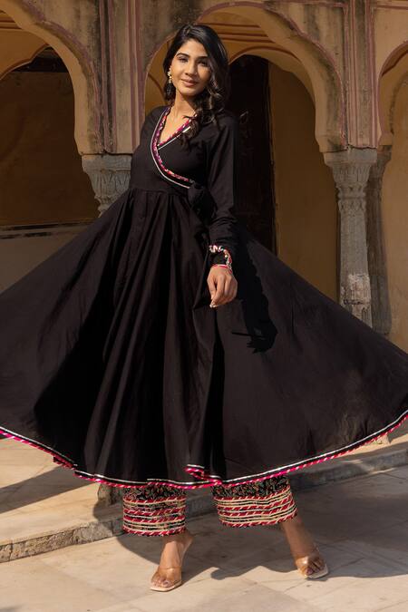 Pomcha Jaipur_Black Cotton, Organza Embroidery, Gota Patti V-neck Angrakha Anarkali Set _Online_at_Aza_Fashions