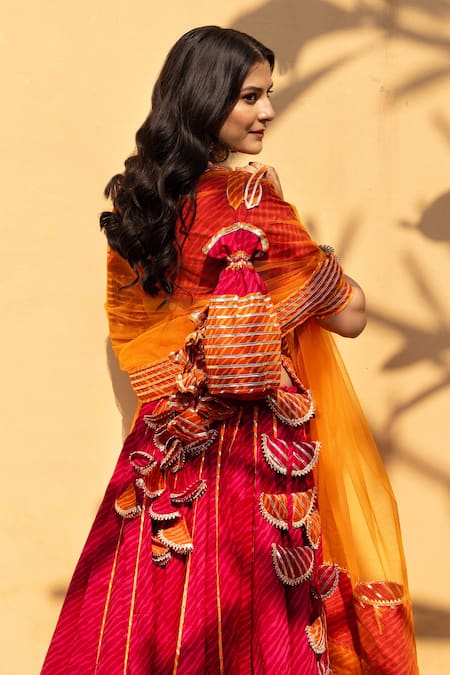 Pomcha Jaipur Orange Cotton Gota Patti, Embroidery, Veena Leheriya Print Kurta Lehenga Set Online at Aza Fashions Pomcha Jaipur_Orange Cotton Gota Patti, Embroidery, Veena Leheriya Print Kurta Lehenga Set _Online_at_Aza_Fashions