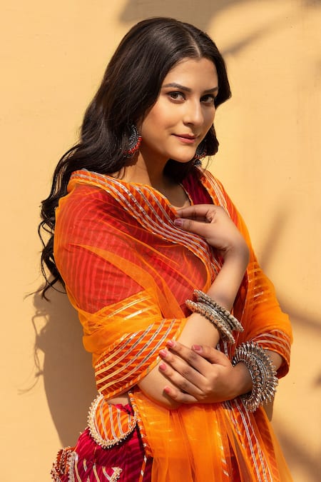 Buy Pomcha Jaipur Orange Cotton Gota Patti, Embroidery, Veena Leheriya Print Kurta Lehenga Set Online at Aza Fashions Buy_Pomcha Jaipur_Orange Cotton Gota Patti, Embroidery, Veena Leheriya Print Kurta Lehenga Set _Online_at_Aza_Fashions