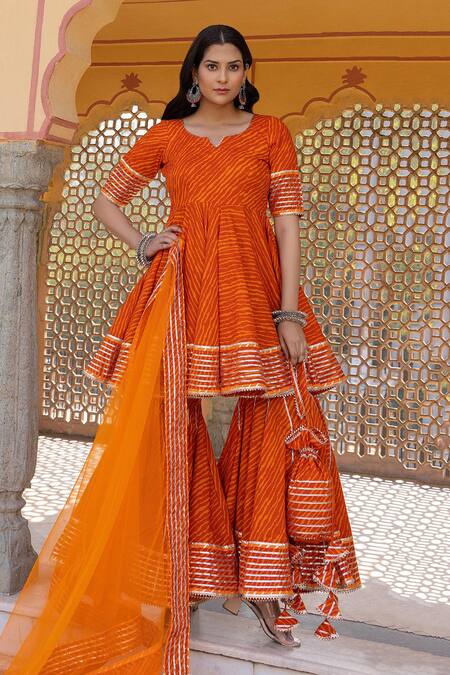 Pomcha Jaipur_Orange Cotton, Net Embroidery, Gota Patti Meera Leheriya Print Kurta Sharara Set _Online_at_Aza_Fashions