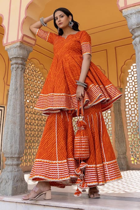 Buy_Pomcha Jaipur_Orange Cotton, Net Embroidery, Gota Patti Meera Leheriya Print Kurta Sharara Set _Online_at_Aza_Fashions
