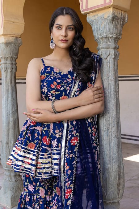 Shop_Pomcha Jaipur_Blue Cotton, Net Gota Patti, Embroidery Mahi Floral Print Kurta Sharara Set _Online_at_Aza_Fashions