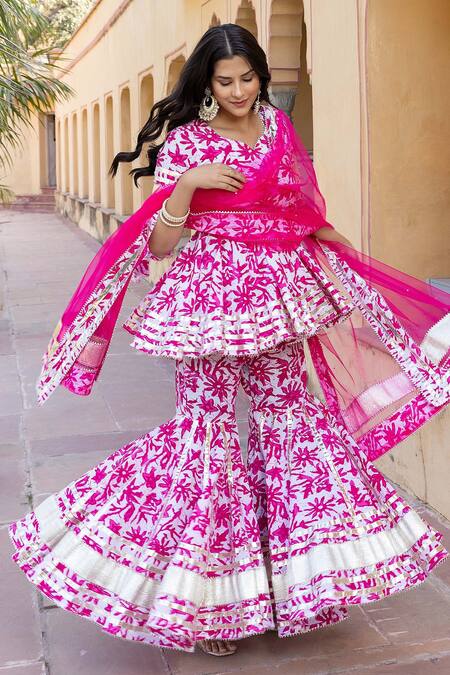 Shop Pomcha Jaipur White Cotton, Net Gota Patti, Embroidery Lilly Floral Print Kurta Sharara Set Online at Aza Fashions Shop_Pomcha Jaipur_White Cotton, Net Gota Patti, Embroidery Lilly Floral Print Kurta Sharara Set _Online_at_Aza_Fashions