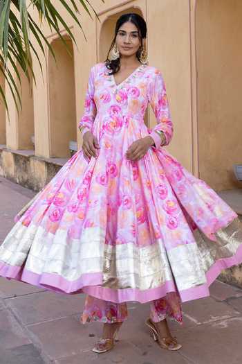 Pomcha Jaipur_Pink Muslin, Chiffon Embroidery, Gota Haadiya Floral Print Anarkali Pant Set _Online_at_Aza_Fashions