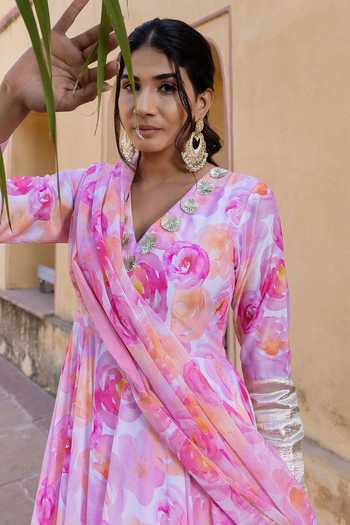 Buy_Pomcha Jaipur_Pink Muslin, Chiffon Embroidery, Gota Haadiya Floral Print Anarkali Pant Set _Online_at_Aza_Fashions