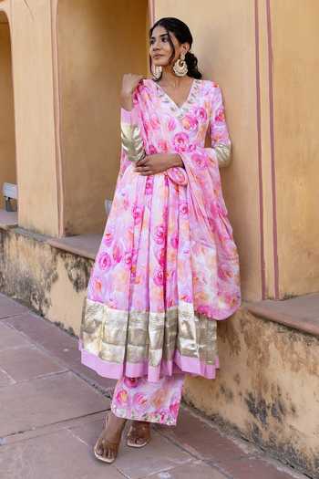 Shop_Pomcha Jaipur_Pink Muslin, Chiffon Embroidery, Gota Haadiya Floral Print Anarkali Pant Set _Online_at_Aza_Fashions