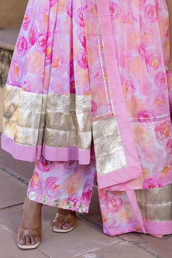 Pomcha Jaipur_Pink Muslin, Chiffon Embroidery, Gota Haadiya Floral Print Anarkali Pant Set _at_Aza_Fashions