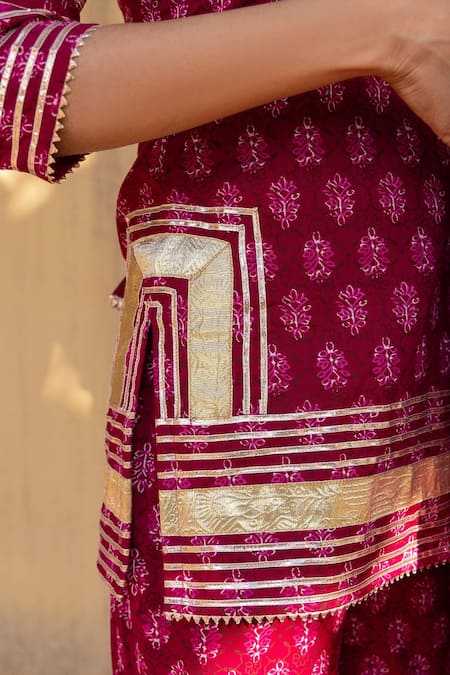 Pomcha Jaipur_Pink Cotton Embroidery, Gota Patti Square Neck Floral Print Kurta Sharara Set _Online_at_Aza_Fashions