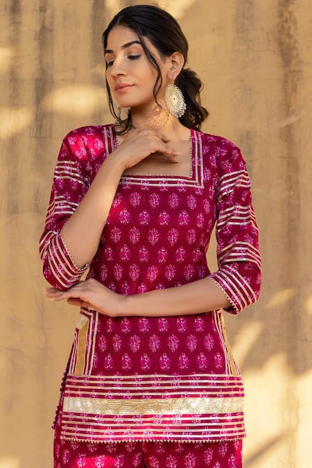 Shop_Pomcha Jaipur_Pink Cotton Embroidery, Gota Patti Square Neck Floral Print Kurta Sharara Set _Online_at_Aza_Fashions