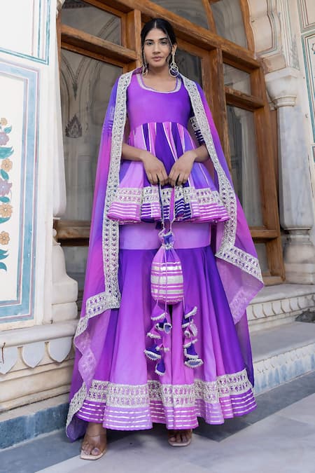 Pomcha Jaipur_Purple Muslin, Chiffon Gota Patti Border Embroidered Ombre Kurta Sharara Set _Online_at_Aza_Fashions