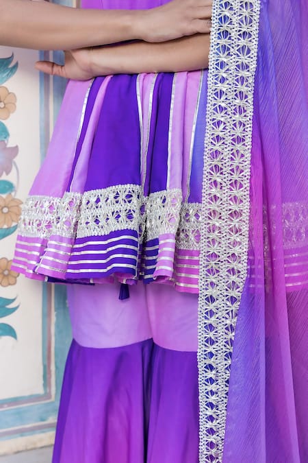 Shop_Pomcha Jaipur_Purple Muslin, Chiffon Gota Patti Border Embroidered Ombre Kurta Sharara Set _Online_at_Aza_Fashions