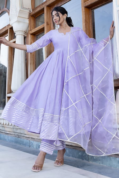 Pomcha Jaipur_Purple Cotton, Silk, Organza Gota Patti Split V-neck Anarkali Pant Set _Online_at_Aza_Fashions