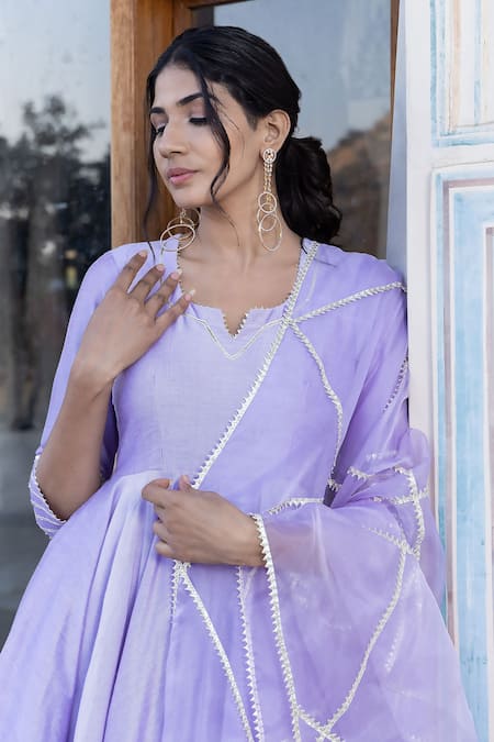 Buy_Pomcha Jaipur_Purple Cotton, Silk, Organza Gota Patti Split V-neck Anarkali Pant Set _Online_at_Aza_Fashions