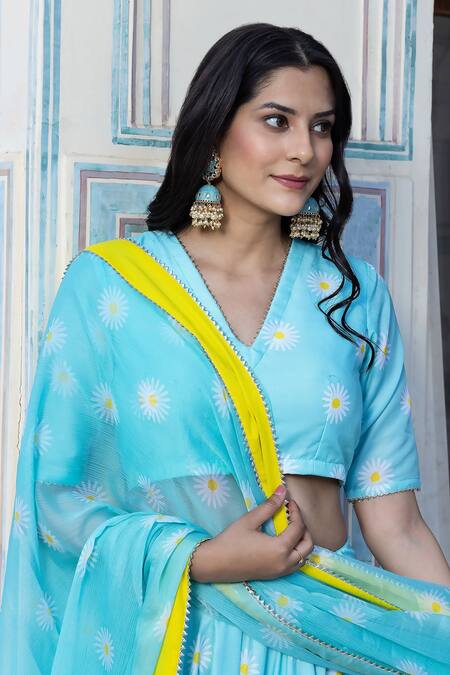 Pomcha Jaipur Blue Muslin, Chiffon Tassels V-neck Daylilly Floral Print Blouse Lehenga Set Online at Aza Fashions Pomcha Jaipur_Blue Muslin, Chiffon Tassels V-neck Daylilly Floral Print Blouse Lehenga Set _Online_at_Aza_Fashions