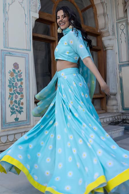 Shop Pomcha Jaipur Blue Muslin, Chiffon Tassels V-neck Daylilly Floral Print Blouse Lehenga Set Online at Aza Fashions Shop_Pomcha Jaipur_Blue Muslin, Chiffon Tassels V-neck Daylilly Floral Print Blouse Lehenga Set _Online_at_Aza_Fashions