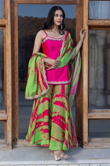 Pomcha Jaipur_Pink Taffeta, Organza Embroidery, Gota Patti Round Border Kurta Sharara Set _Online_at_Aza_Fashions