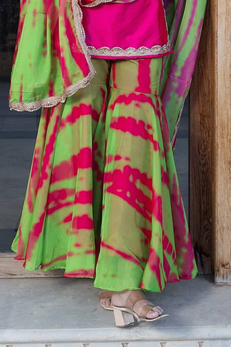 Pomcha Jaipur_Pink Taffeta, Organza Embroidery, Gota Patti Round Border Kurta Sharara Set _at_Aza_Fashions