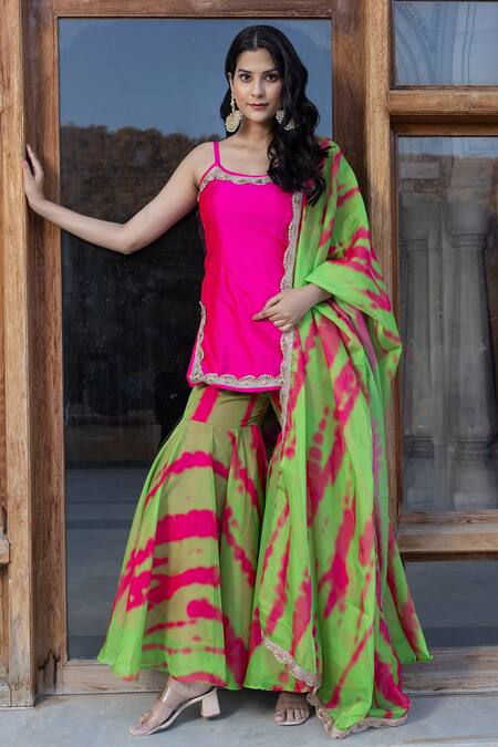 Shop_Pomcha Jaipur_Pink Taffeta, Organza Embroidery, Gota Patti Round Border Kurta Sharara Set _Online_at_Aza_Fashions