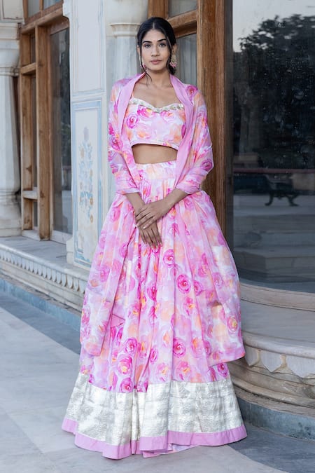 Pomcha Jaipur Pink Muslin, Chiffon Tassels, Embroidery Haadiya Floral Print Lehenga Set Online at Aza Fashions Pomcha Jaipur_Pink Muslin, Chiffon Tassels, Embroidery Haadiya Floral Print Lehenga Set _Online_at_Aza_Fashions