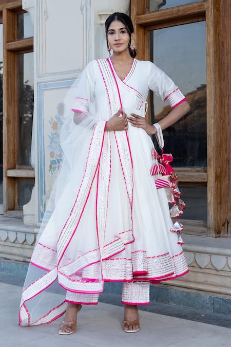 Pomcha Jaipur_Off White Cotton, Silk, Net Embroidery, Lilly Floral Print Anarkali Pant Set _Online_at_Aza_Fashions