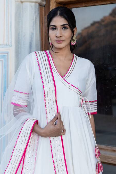 Buy_Pomcha Jaipur_Off White Cotton, Silk, Net Embroidery, Lilly Floral Print Anarkali Pant Set _Online_at_Aza_Fashions