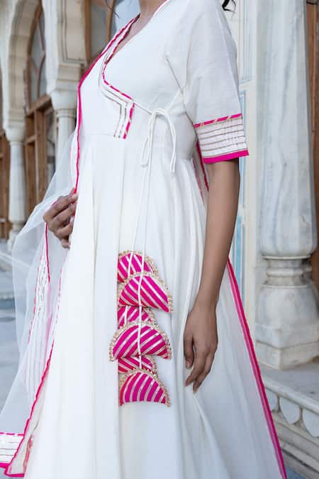 Shop_Pomcha Jaipur_Off White Cotton, Silk, Net Embroidery, Lilly Floral Print Anarkali Pant Set _Online_at_Aza_Fashions