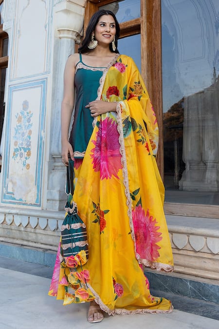 Pomcha Jaipur_Green Taffeta, Organza Gota Patti, Embroidery Round Border Kurta Sharara Set _Online_at_Aza_Fashions