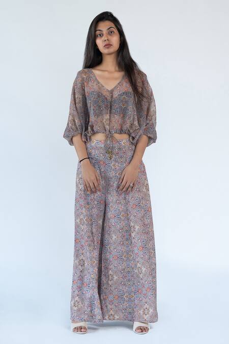 Nikita Vishakha_Grey Silk, Georgette Persian V Neck Print Sheer Top And Palazzo Set_Online_at_Aza_Fashions