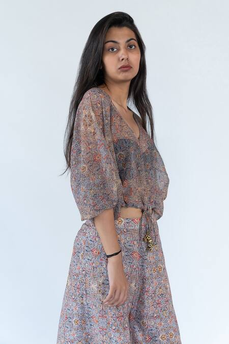 Shop_Nikita Vishakha_Grey Silk, Georgette Persian V Neck Print Sheer Top And Palazzo Set_Online_at_Aza_Fashions