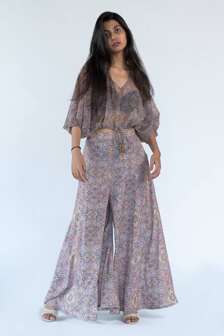 Nikita Vishakha_Grey Silk, Georgette Persian V Neck Print Sheer Top And Palazzo Set_at_Aza_Fashions