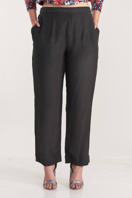 Buy_Pooja Bagaria_Black Velour, Crepe Embroidery Round Neck Floral Print Kurta And Pant Set _Online_at_Aza_Fashions