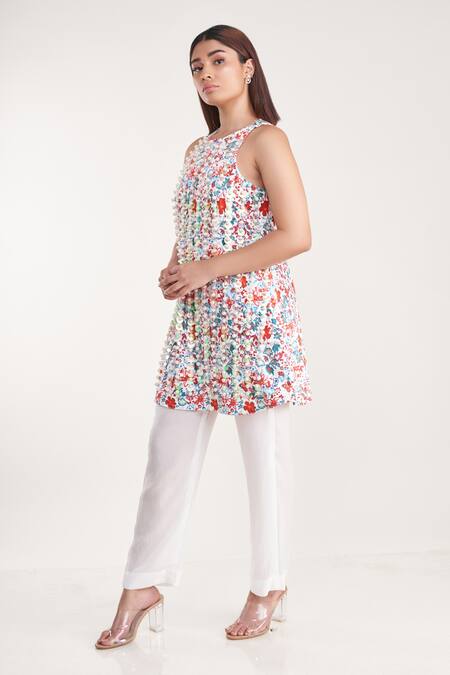 Shop Pooja Bagaria White Velvet, Crepe Pearls, Sequins Round Neck Floral Print Top And Pant Set Online at Aza Fashions Shop_Pooja Bagaria_White Velvet, Crepe Pearls, Sequins Round Neck Floral Print Top And Pant Set _Online_at_Aza_Fashions