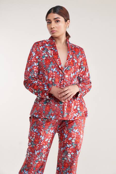 Buy_Pooja Bagaria_Red Velvet Embroidery Floral Print Blazer And Pant Set _Online_at_Aza_Fashions