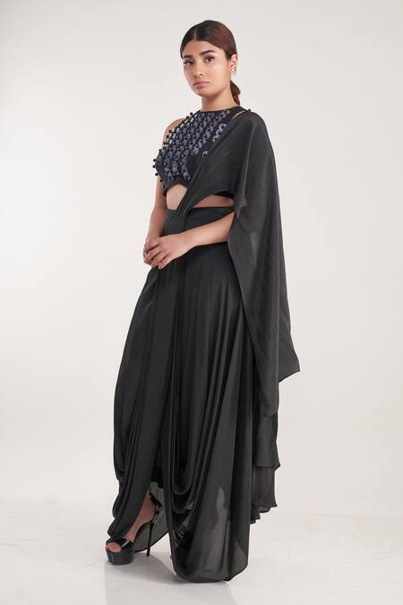 Pooja Bagaria Black Satin, Linen, Crepe, Silk Organza Pre-stitched Dhoti Saree With Blouse Online at Aza Fashions Pooja Bagaria_Black Satin, Linen, Crepe, Silk Organza Pre-stitched Dhoti Saree With Blouse _Online_at_Aza_Fashions