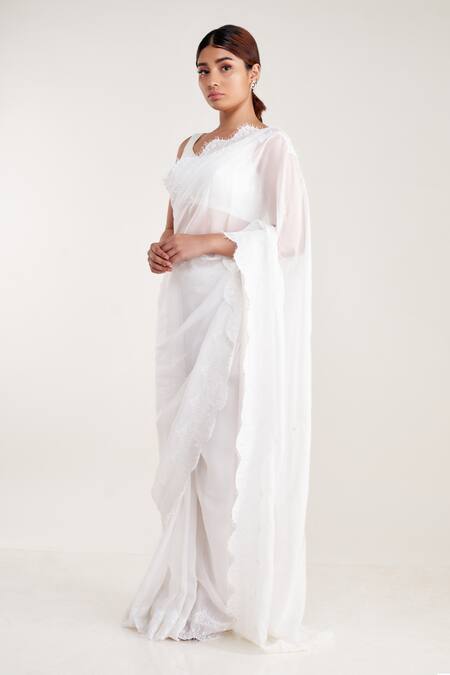 Pooja Bagaria_White Silk Organza, Leather Sequins Chantilly Lace Border Saree And Blouse Set _Online_at_Aza_Fashions