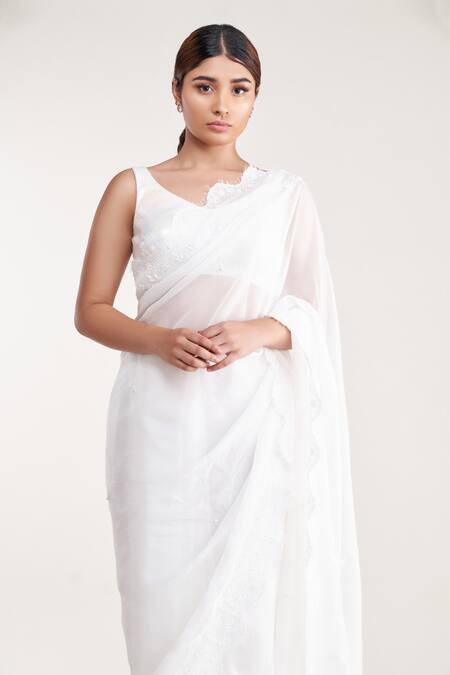 Buy_Pooja Bagaria_White Silk Organza, Leather Sequins Chantilly Lace Border Saree And Blouse Set _Online_at_Aza_Fashions