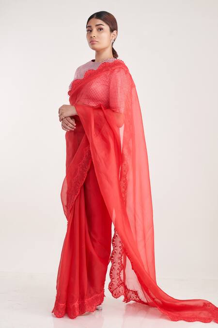 Pooja Bagaria Red Silk Organza Lace Round Neck Chantilly Border Saree With Blouse Online at Aza Fashions Pooja Bagaria_Red Silk Organza Lace Round Neck Chantilly Border Saree With Blouse _Online_at_Aza_Fashions